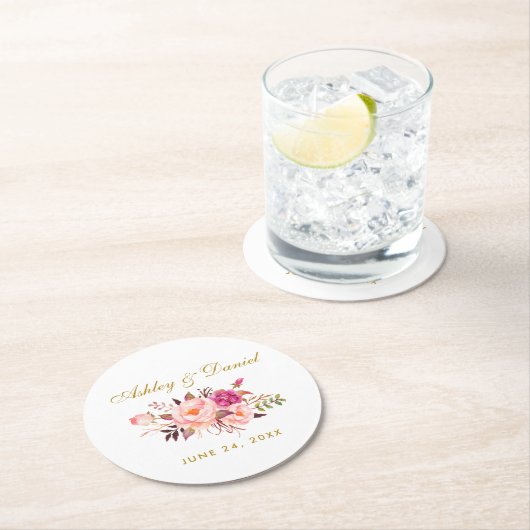 水彩フローラピンク赤面金ゴールド結婚ズ ラウンドペーパーコースター (インサイチュ)