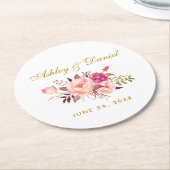 水彩フローラピンク赤面金ゴールド結婚ズ ラウンドペーパーコースター (アングル)