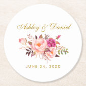 水彩フローラピンク赤面金ゴールド結婚ズ ラウンドペーパーコースター (正面)