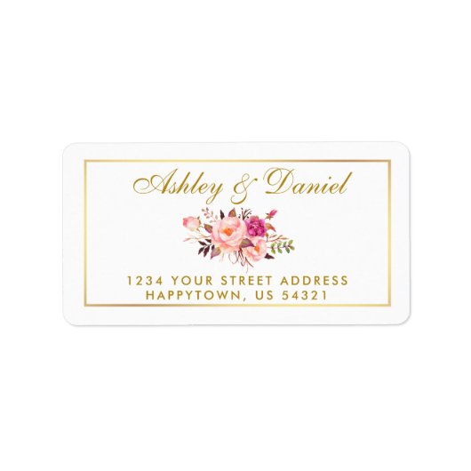 水彩フローラピンク赤面金ゴールド結婚ズ ラベル (正面)