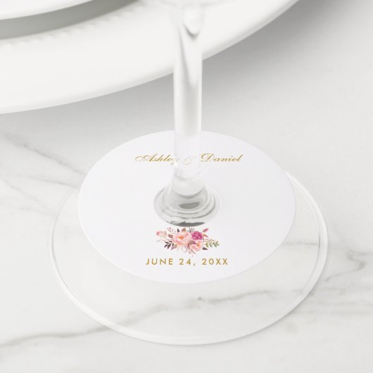 水彩フローラピンク赤面金ゴールド結婚ズ ワイングラスタグ (クローズアップ)