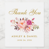 水彩フローラピンク赤面金ゴールド結婚ズ ワインラベル (シングルラベル)