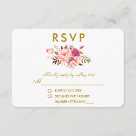 水彩フローラピンク赤面金ゴールド結婚式RSVP 出欠カード