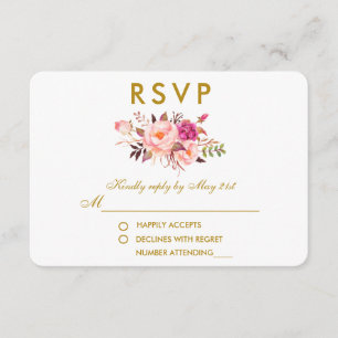 水彩フローラピンク赤面金ゴールド結婚式RSVP 出欠カード