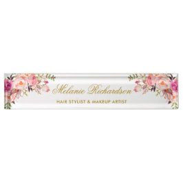 水彩フローラピンク赤面金ゴールド デスクネームプレート