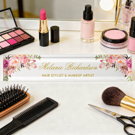 水彩フローラピンク赤面金ゴールド デスクネームプレート