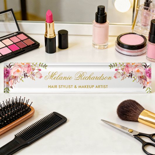 水彩フローラピンク赤面金ゴールド デスクネームプレート