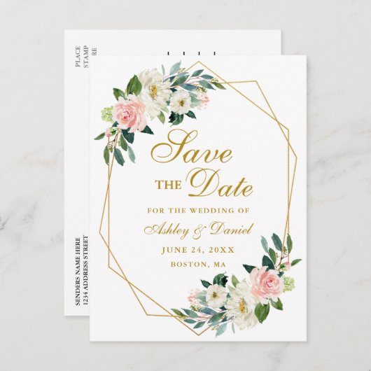 水彩フローラピンク金ゴールドフレーム日付を保存 案内ポストカード (正面/裏面)