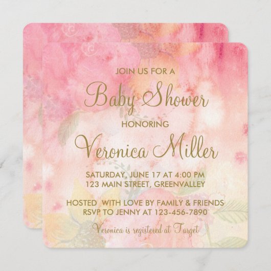 水彩フローラピンク金ゴールドベビーシャワー招待状 招待状 (正面/裏面)