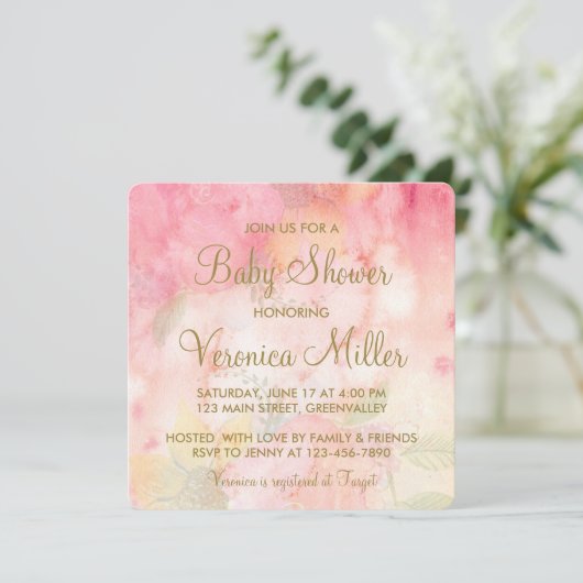 水彩フローラピンク金ゴールドベビーシャワー招待状 招待状 (スタンド正面)