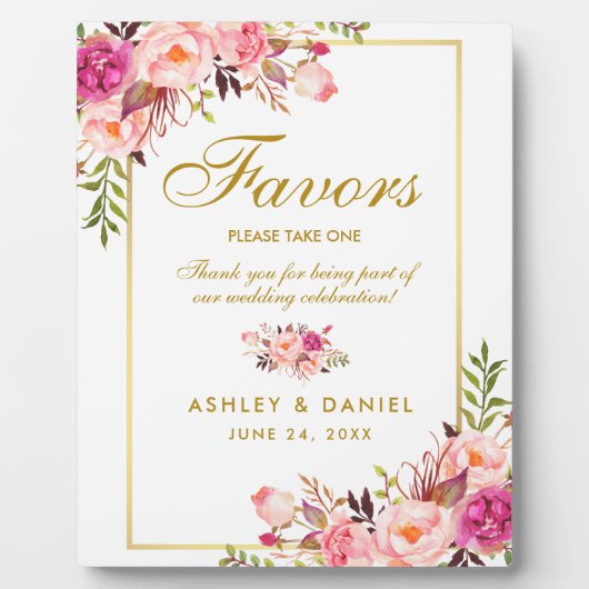 水彩フローラピンク金ゴールド結婚式の引き出物 フォトプラーク (正面)