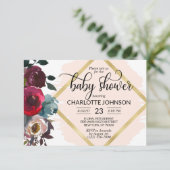 水彩フローラピンク·バーガンディ·金ゴールド·ベビー·シャワー 招待状 (スタンド正面)