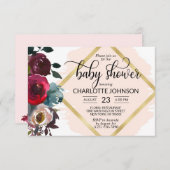 水彩フローラピンク·バーガンディ·金ゴールド·ベビー·シャワー 招待状 (正面/裏面)