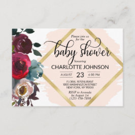 水彩フローラピンク·バーガンディ·金ゴールド·ベビー·シャワー 招待状