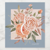 水彩フローラピーチバラダスティブルー結婚ズ ワインラベル (シングルラベル)