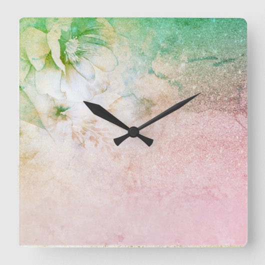 *~*水彩フローラピーチピンクグリッターシテリア スクエア壁時計 (正面)