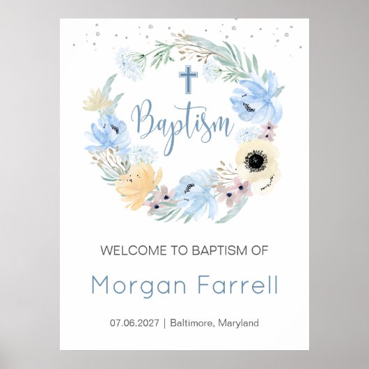 水彩フローラピーチブルーウェルカムバプティスサイン ポスター (正面)