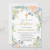 水彩フローラピーチブルーバプテスマ招待状 招待状 (正面)
