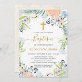 水彩フローラピーチブルーバプテスマ招待状 招待状 (正面/裏面)