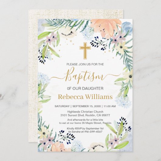 水彩フローラピーチブルーバプテスマ招待状 招待状 (正面/裏面)