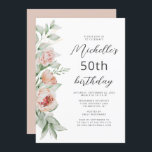 水彩フローラピーチ赤面50th誕生日 招待状<br><div class="desc">この離れバースデーパーティーの招待状の手の端には、桃と赤面の花と緑の水色のフローラの花束が含まれている。カスタマイズ可能な文字は、スクリプトとサンセリフのフォントを白い背景の木炭グレーで組み合わせる。裏面はコーディネート無地の色。任意の誕生日の文字を編集できる。</div>