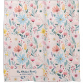 水彩フローラファミリー名パーソナライズされたピンク シャワーカーテン (正面)