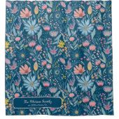 水彩フローラファミリ名パーソナライズされた青 シャワーカーテン (正面)