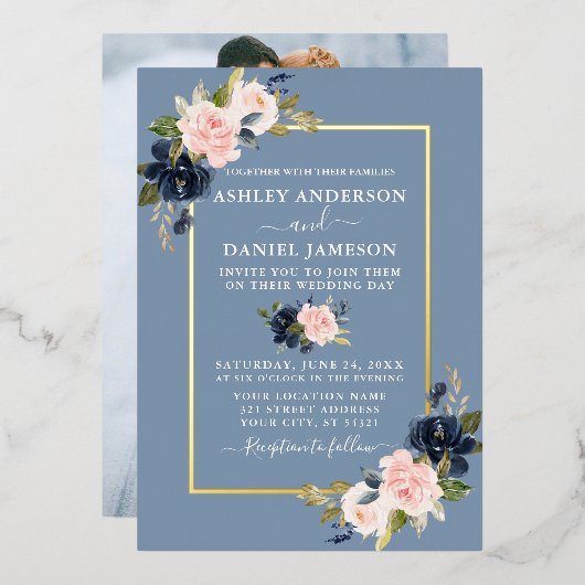 水彩フローラフォトピンクダスティブルー金ゴールド 箔招待状 (正面/裏面)