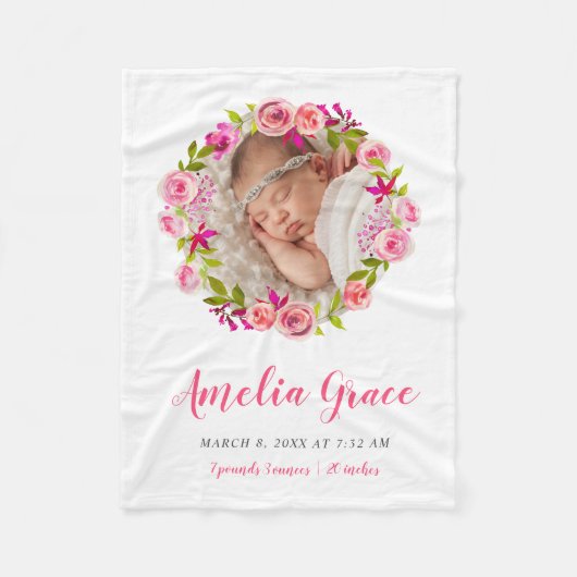 水彩フローラフォトベビー誕生統計 フリースブランケット (正面)