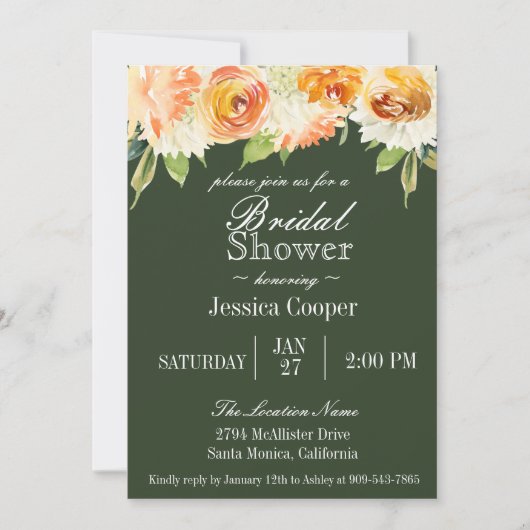 水彩フローラフォレストグリーンブライダルシャワー 招待状 (正面)