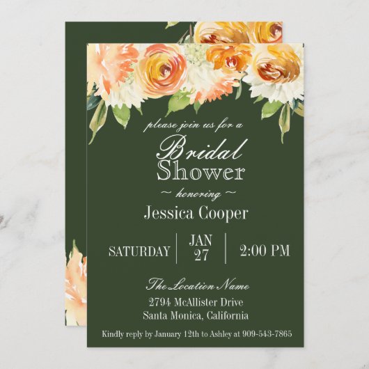 水彩フローラフォレストグリーンブライダルシャワー 招待状 (正面/裏面)