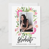 水彩フローラフレームフォトスクリプト卒業 招待状 (正面)