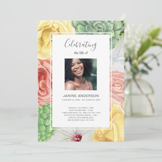 水彩フローラフレーム寿命お祝い写真  招待状 (スタンド正面)