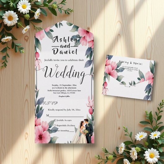 水彩フローラフレーム花嫁結婚と花婿 オールインワン招待状