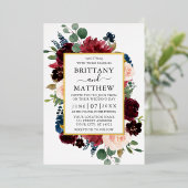 水彩フローラフレ結婚ームの青金ゴールド 箔招待状 (立ち正面)