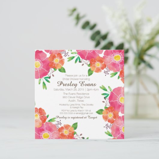 水彩フローラブライダルまたはベビーシャワー招待状 招待状 (スタンド正面)