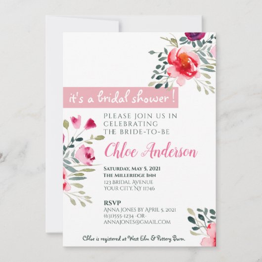 水彩フローラブライダルシャワーの招待 招待状 (正面)