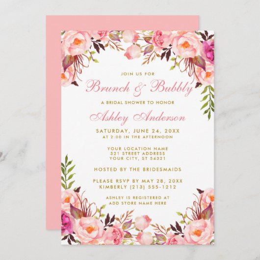 水彩フローラブライダルシャワーブランチピンク金ゴールド 招待状 (正面/裏面)
