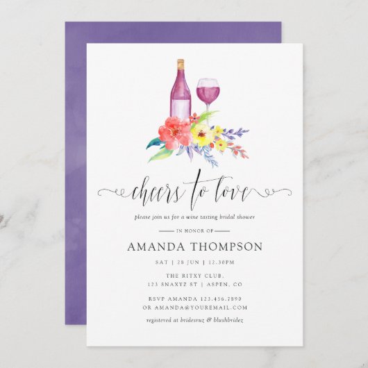水彩フローラブライダルシャワーワインテイスティング 招待状 (正面/裏面)
