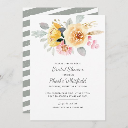 水彩フローラブライダルシャワー モダン 招待状 (正面/裏面)