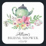 水彩フローラブライダル茶パーティー封筒用シール スクエアシール<br><div class="desc">お茶かわいらしブライダルシャワーお気に入りシール緑茶ポットと美しい水色の花を特徴とする。</div>