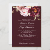 水彩フローラブルガンディブーケロマ結婚ンス 招待状 (正面)