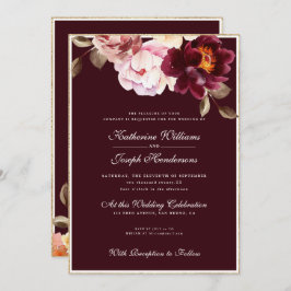 水彩フローラブルガンディブーケロマ結婚ンス 招待状