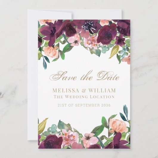 水彩フローラブルガンディーコーラルホワイト結婚ズ セーブザデート (正面)