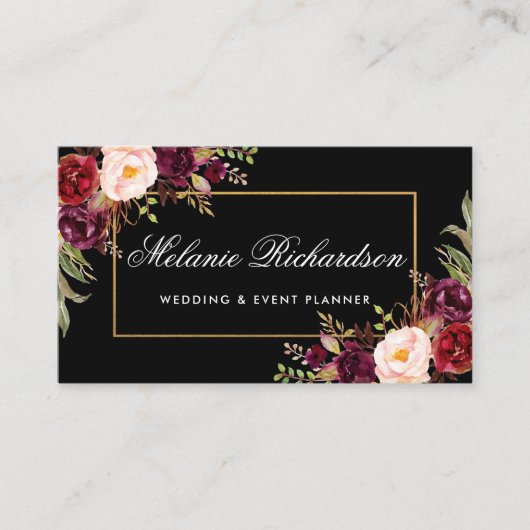 水彩フローラブルガンディーブラック金ゴールド 名刺 (正面)
