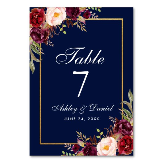 水彩フローラブルガンディーブルー金ゴールド結婚ズ テーブルナンバー (正面)