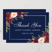 水彩フローラブルグンディ結婚ブルー感謝していズB サンキューカード (正面/裏面)