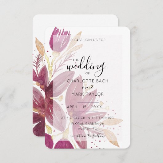 水彩フローラブルゴーニュと金ゴールドインヴィ 招待状 (正面/裏面)