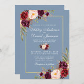 水彩フローラブルゴーニュダスティブルー結婚ズ 招待状 (正面/裏面)