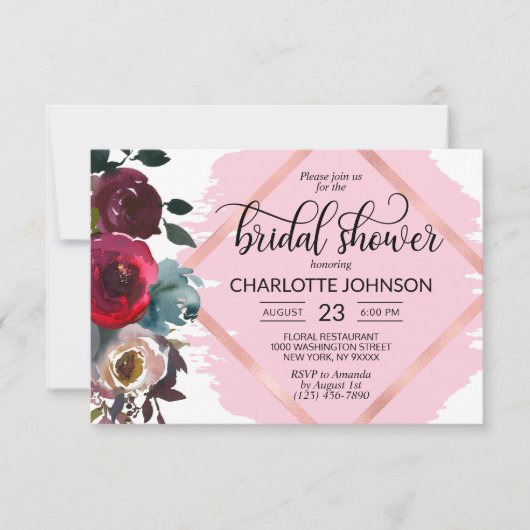 水彩フローラブルゴーニュバラ金ゴールドブライダルシャワー 招待状 (正面)
